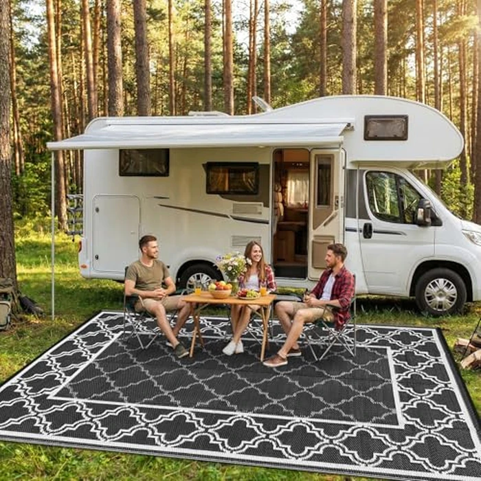 LUXLOOM Waterproof Plastic Straw Rug 9x12 Reversible Outdoor Rug, Weather Resistant Outside Carpet, Portable RV Camping Mat Modern Bordered Rugs for Patio Porch Garden Yard, Black and White by LUXLOOM - Image 8