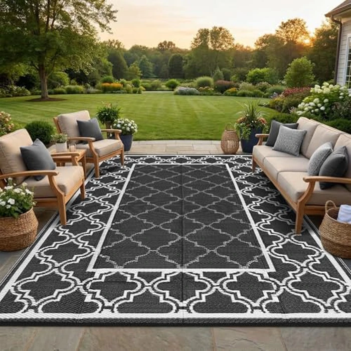 LUXLOOM Waterproof Plastic Straw Rug 9x12 Reversible Outdoor Rug, Weather Resistant Outside Carpet, Portable RV Camping Mat Modern Bordered Rugs for Patio Porch Garden Yard, Black and White by LUXLOOM - Image 9