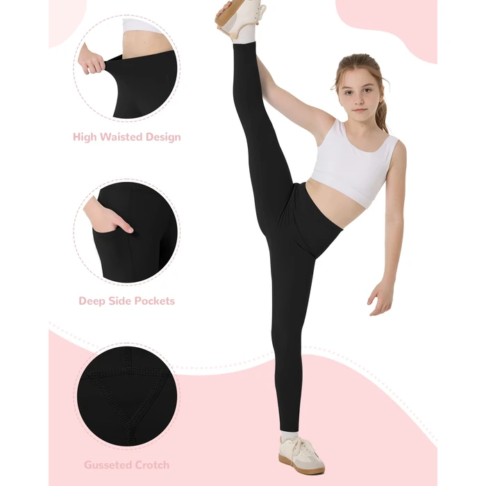 Moozava Girls Athletic Leggings with Pockets Kids High Waisted Dance Pants Yoga Workout Running Cheer Gymnastics Tights S Black by Moozava - Image 4