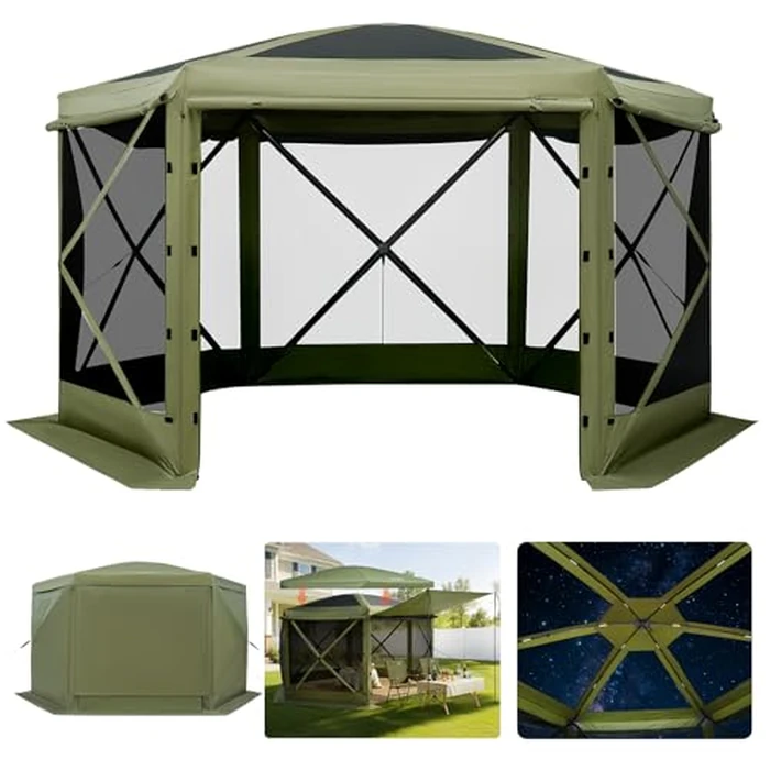 VEVOR Pop up Gazebo Screen Tent, 10 x 10 ft Large 6-Sided Camping Canopy Tent with Removable Top & Carry Bag, Quick-Set & Bite-Proof, Screen House Sun Shelter for 6-8 Persons Backyard Patio, Green by VEVOR - Used - Good condition
