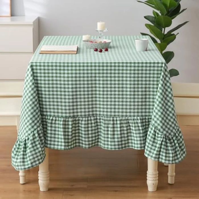 K MASANIJI Christmas Green White Plaid Gingham Ruffled Table Cloth Seat 4, 100% Washed Cotton Square Cottage Coquette Checker Vintage Decorative Tablecloth - 60x60 inches by K MASANIJI - Image 1