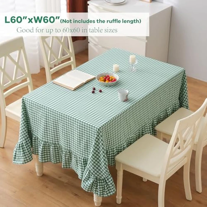 K MASANIJI Christmas Green White Plaid Gingham Ruffled Table Cloth Seat 4, 100% Washed Cotton Square Cottage Coquette Checker Vintage Decorative Tablecloth - 60x60 inches by K MASANIJI - Image 2