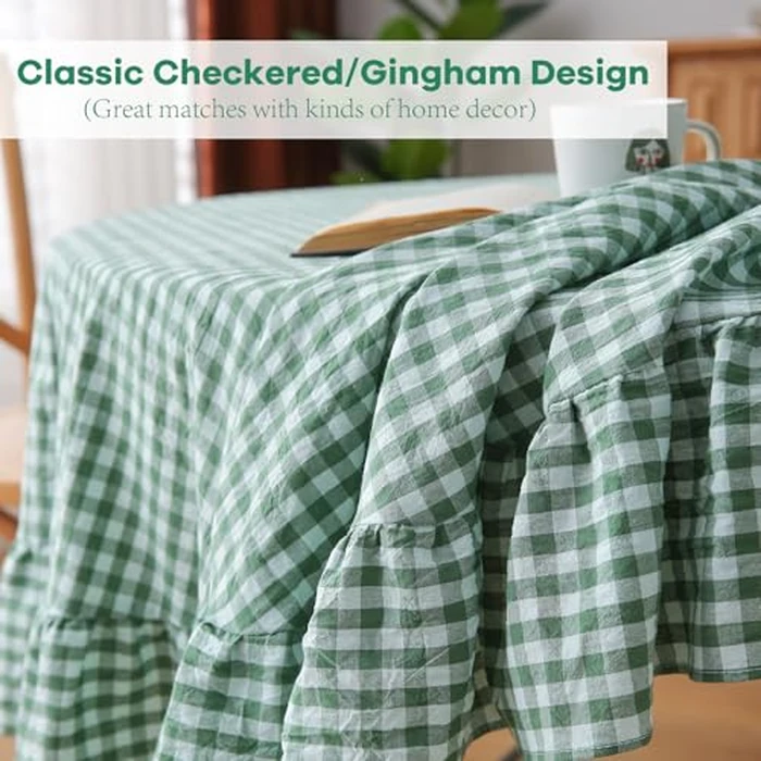 K MASANIJI Christmas Green White Plaid Gingham Ruffled Table Cloth Seat 4, 100% Washed Cotton Square Cottage Coquette Checker Vintage Decorative Tablecloth - 60x60 inches by K MASANIJI - Image 5