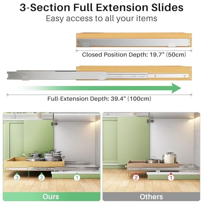 Pull Out Cabinet Organizer, Soft Close Wooden Slide Out Drawers for Pots and Pans, Full-extension Roll Out Shelves for Kitchen Cabinets, Pantry Organization, Bottom & Side Mount(21"W X 21"D x 3.4''H) by Kitstorack - Image 5