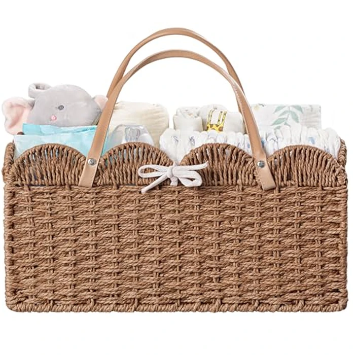 HBlife Large Baby Diaper Caddy, Paper Rope Storage Baskets Nursery Bin with Removable Divider, Portable Car Organizer for Diapers, Baby Shower Gifts, Newborn Essentials Must Haves by HBlife - Image 1