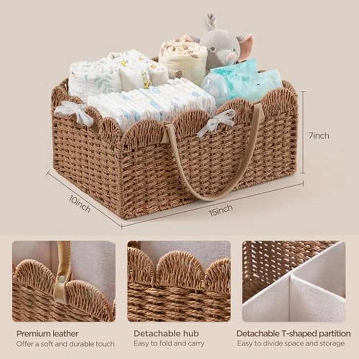 HBlife Large Baby Diaper Caddy, Paper Rope Storage Baskets Nursery Bin with Removable Divider, Portable Car Organizer for Diapers, Baby Shower Gifts, Newborn Essentials Must Haves by HBlife - Image 2