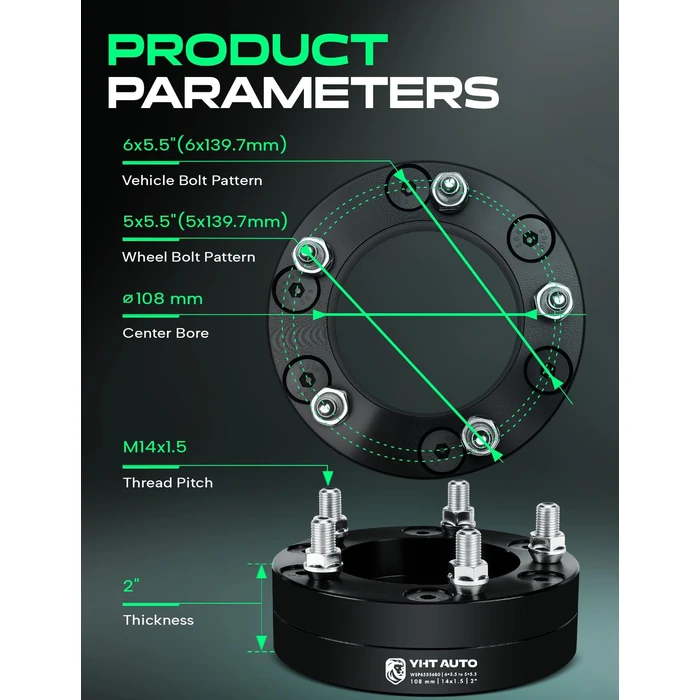 YHTAUTO 6x5.5 to 5x5.5 Wheel Adapters 2" Compatible with 1999-2024 Chevy Silverado 1500 & GMC & Ram & Toyota & Cadillac & Hummer, Tire Spacers w/ M14X1.5 & 12.9 Grade Studs, 108mm Center Bore 2PCS by YHTAUTO - Image 4