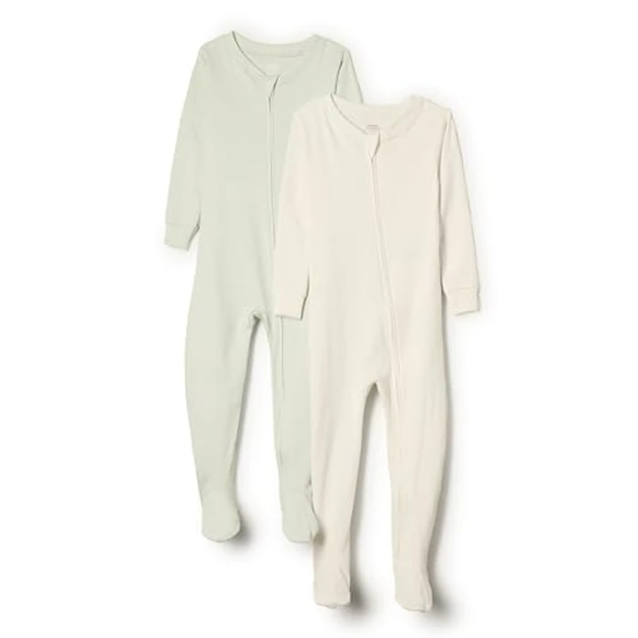 Amazon Essentials Unisex_baby Tight Fit Cotton Footed Pajama (2 Pack), Ivory/Pale Green, 18 Months by Amazon Essentials - Image 1