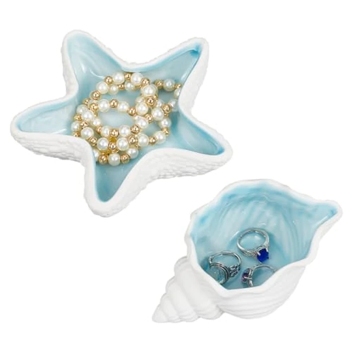 NBEADS 2 Pcs Ceramic Jewelry Tray, Conch Starfish Shape Aqua Shell Trinket Dish Ceramic Ring Earring Holder Ocean-themed Decorative Trinket Plate for Rings Earrings Bracelet Jewelry Watch Keys by NBEADS - Used - Very Good condition - US$15.06