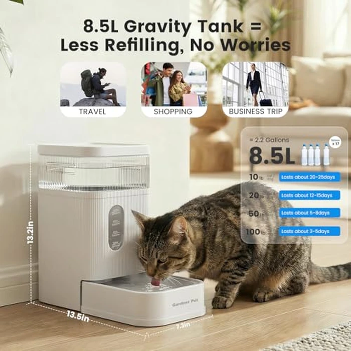 Gardner Pet 2.2 Gallon Automatic Dog Water Bowl Dispenser 8.5L Gravity Water Feeder with Stainless Steel Bowl & Maifan Stone Filter, BPA-Free for for Cats and Dogs (White, 2.2 Gallon) by Gardner Pet - Image 2