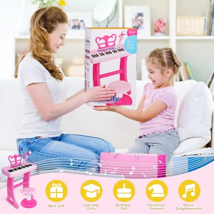 Amy&Benton Birthday Gift for 3 4 5 6 7 Year Old Girls Piano Toy with Stood for Girls 3-5 Pink Music Keyboard Toy 37 Keys with Chair by Amy & Benton - Image 3