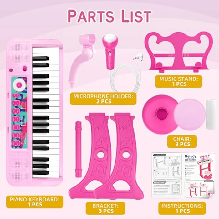 Amy&Benton Birthday Gift for 3 4 5 6 7 Year Old Girls Piano Toy with Stood for Girls 3-5 Pink Music Keyboard Toy 37 Keys with Chair by Amy & Benton - Image 4