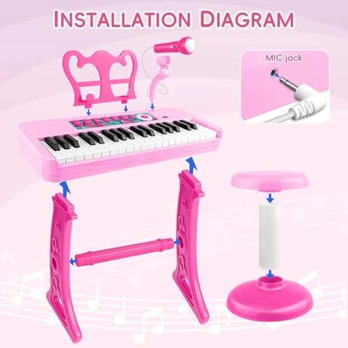 Amy&Benton Birthday Gift for 3 4 5 6 7 Year Old Girls Piano Toy with Stood for Girls 3-5 Pink Music Keyboard Toy 37 Keys with Chair by Amy & Benton - Image 5