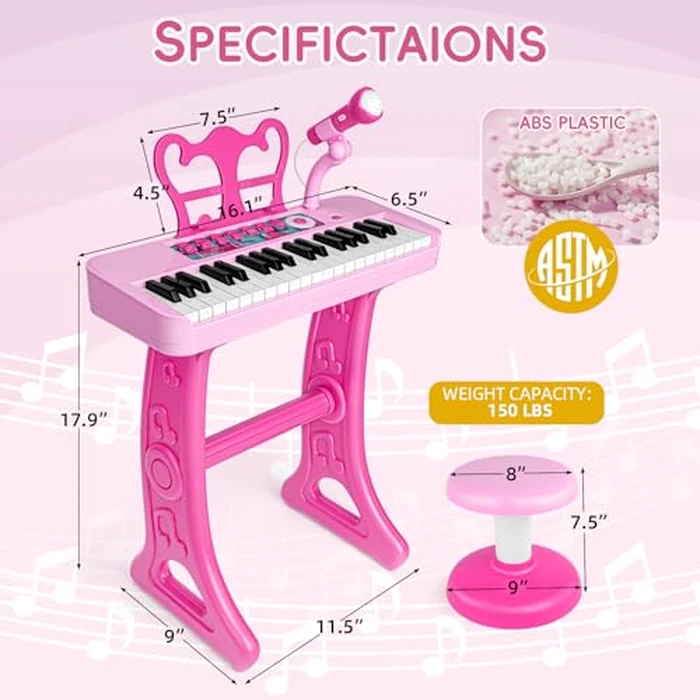 Amy&Benton Birthday Gift for 3 4 5 6 7 Year Old Girls Piano Toy with Stood for Girls 3-5 Pink Music Keyboard Toy 37 Keys with Chair by Amy & Benton - Image 8