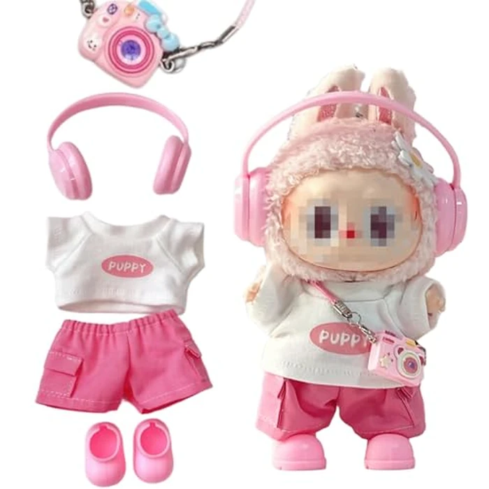 for Labubu Dolls Cute Puppy Themed Sporty Casual Outfit - Includes White T-Shirt Shorts Headphones and Shoes (Pink Set with Camera and Headphone) by Generic - Used - Like New condition - US$13.97
