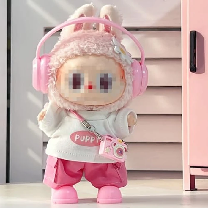 for Labubu Dolls Cute Puppy Themed Sporty Casual Outfit - Includes White T-Shirt Shorts Headphones and Shoes (Pink Set with Camera and Headphone) by Generic - Image 2