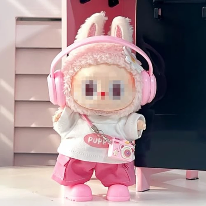 for Labubu Dolls Cute Puppy Themed Sporty Casual Outfit - Includes White T-Shirt Shorts Headphones and Shoes (Pink Set with Camera and Headphone) by Generic - Image 3