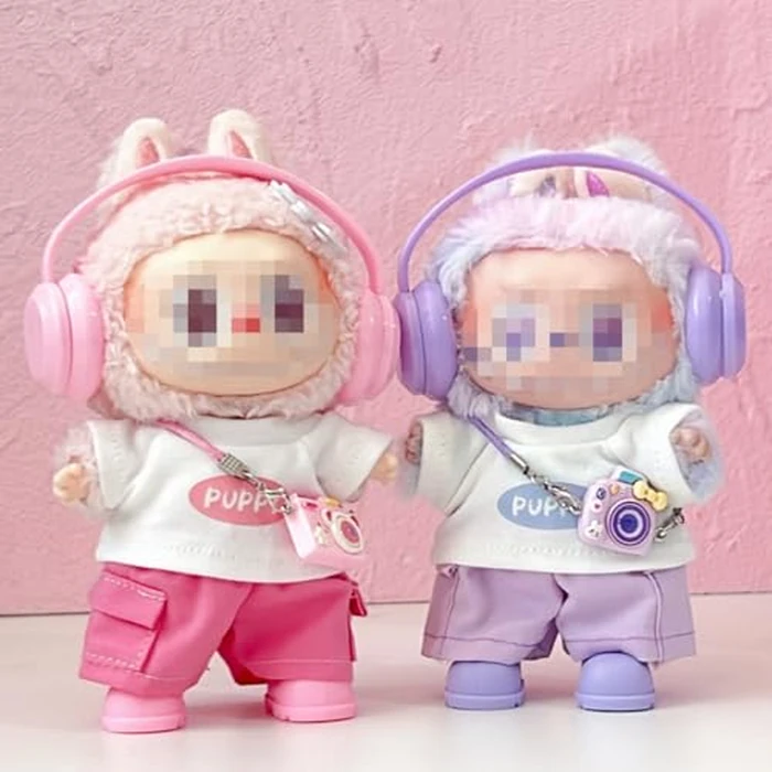 for Labubu Dolls Cute Puppy Themed Sporty Casual Outfit - Includes White T-Shirt Shorts Headphones and Shoes (Pink Set with Camera and Headphone) by Generic - Image 4