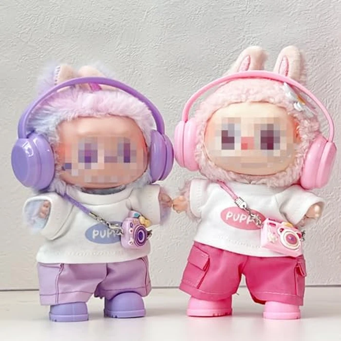for Labubu Dolls Cute Puppy Themed Sporty Casual Outfit - Includes White T-Shirt Shorts Headphones and Shoes (Pink Set with Camera and Headphone) by Generic - Image 5
