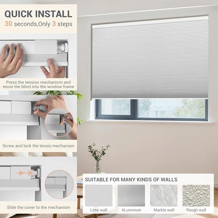 HOTSOON No Drill No Tools Blackout Cellular Shades Cordless Honeycomb Blinds Easy to Install Thermal Insulated Noise Reduction Blinds for Indoor Windows, Blackout-White, 24" W x 64" H by HOTSOON - Image 2