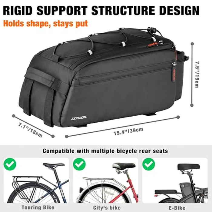 JXFUKAL Bike Bags for Bicycle Rear rack, 13L Supportive Bike Rack Bag Built-in Rigid side & Base Panel, Waterproof Reflective Ebike Trunk Pannier Saddle Seat Bag Carrier for Commuter Travel Outdoor by JXFUKAL - Image 6