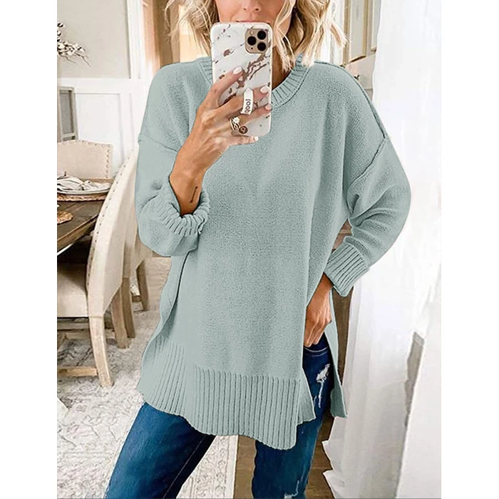 MEROKEETY Womens 2026 Fall Winter Oversized Pullover Sweater Spring Casual Loose Crew Neck Long Sleeve Side Split Jumper Tops,Sage,M by MEROKEETY - Image 2