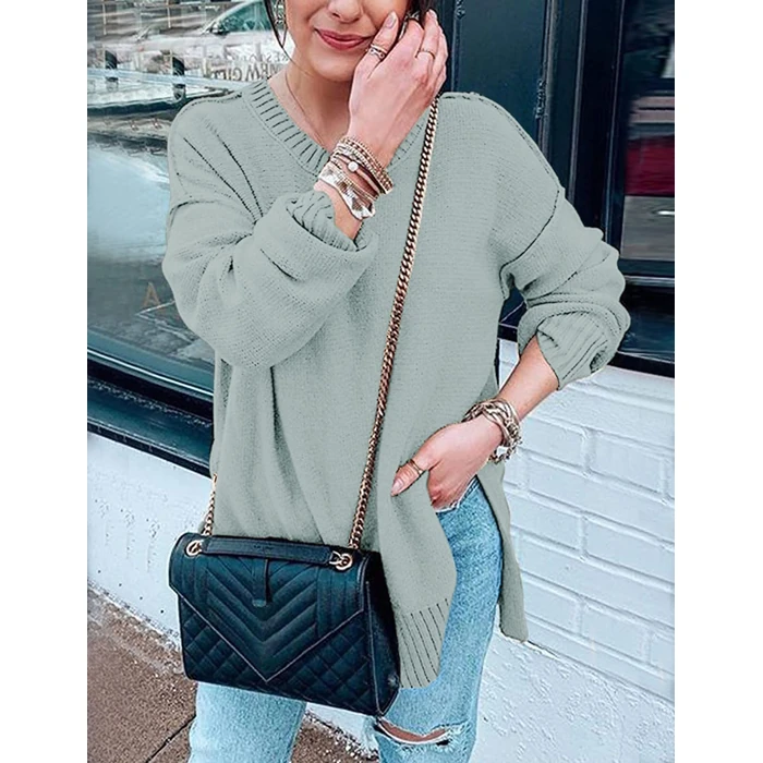 MEROKEETY Womens 2026 Fall Winter Oversized Pullover Sweater Spring Casual Loose Crew Neck Long Sleeve Side Split Jumper Tops,Sage,M by MEROKEETY - Image 4