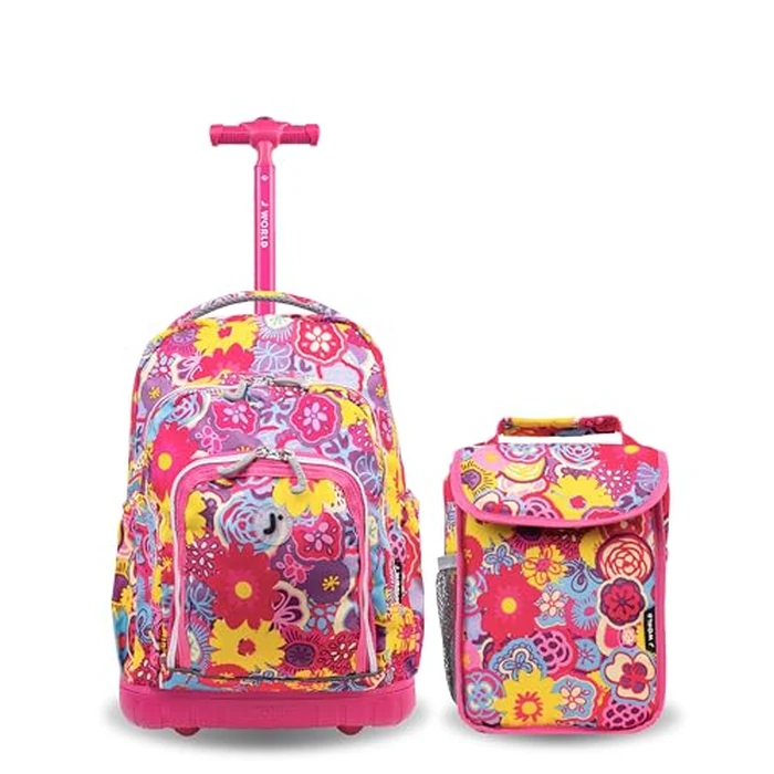 J World Lollipop Kids Rolling Backpack & Lunch Bag Set for Elementary School. Carry-On Suitcase with Wheels, Poppy Pansy by J World New York - Image 1