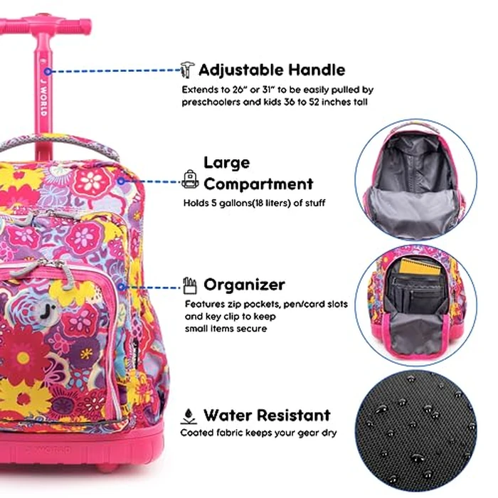 J World Lollipop Kids Rolling Backpack & Lunch Bag Set for Elementary School. Carry-On Suitcase with Wheels, Poppy Pansy by J World New York - Image 2