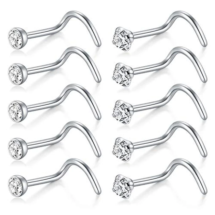 D.Bella Nose Rings 10Pcs 18G Nose Screw Rings Studs Surgical Steel Piercing Jewelry 2mm Clear CZ Silver by D.Bella - Used - Very Good condition - US$7.19
