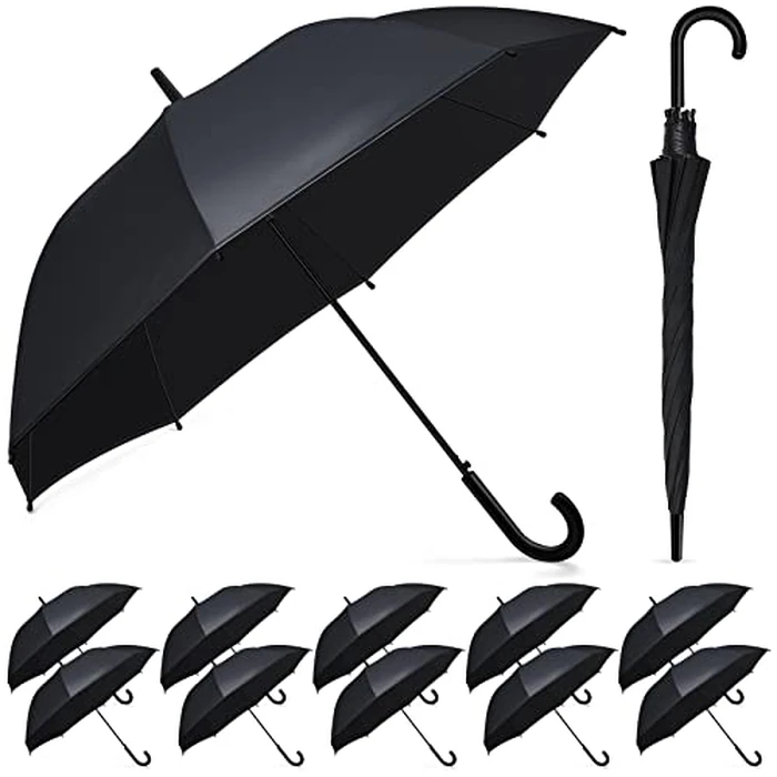 Reginary 12 Pack Black Umbrella Wedding Style Stick Umbrellas Large Canopy Windproof Transparent Stick Umbrellas Wedding Rain Transparent Umbrellas Bulk Auto Open J Hook Handle by Reginary - Used - Very Good condition