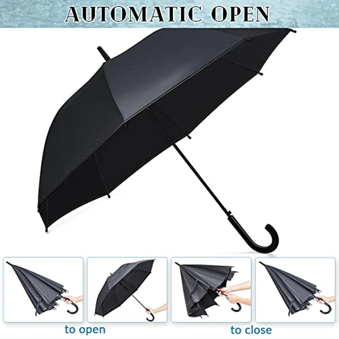 Reginary 12 Pack Black Umbrella Wedding Style Stick Umbrellas Large Canopy Windproof Transparent Stick Umbrellas Wedding Rain Transparent Umbrellas Bulk Auto Open J Hook Handle by Reginary - Image 4