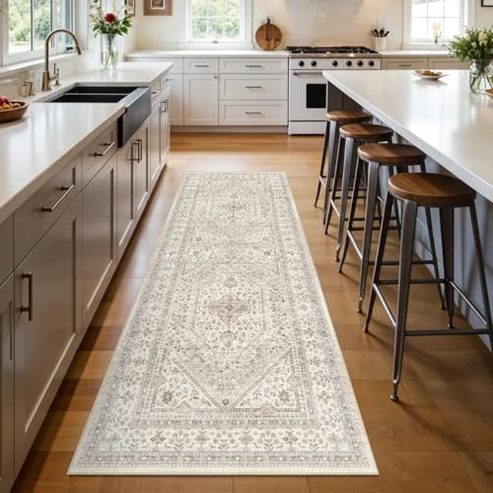 3x8 Runner Rug for Hallway Washable: Non Slip Kitchen Rugs with Rubber Backing Soft Waterproof Mats Stain Resistant Indoor Vintage Carpet Runner for Bedroom Bathroom Laundry Entryway Beige/Gray by Puino - Used - Very Good condition