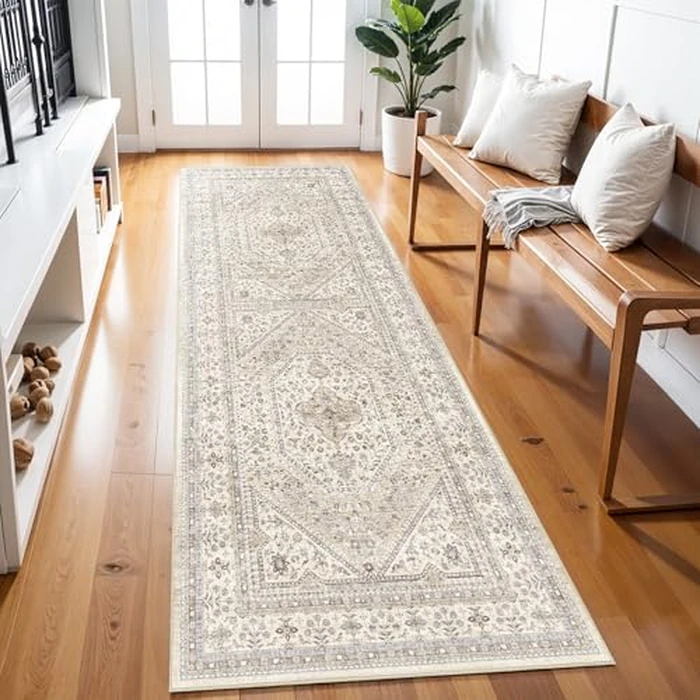 3x8 Runner Rug for Hallway Washable: Non Slip Kitchen Rugs with Rubber Backing Soft Waterproof Mats Stain Resistant Indoor Vintage Carpet Runner for Bedroom Bathroom Laundry Entryway Beige/Gray by Puino - Image 2