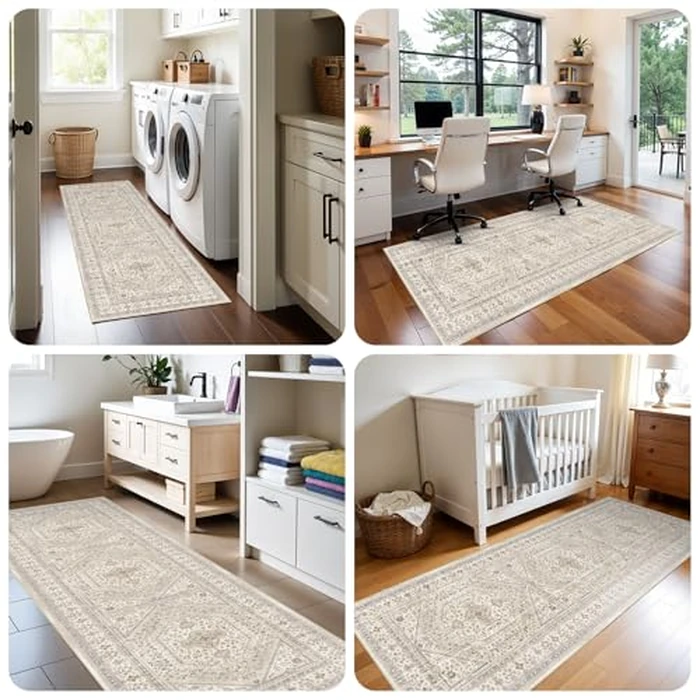 3x8 Runner Rug for Hallway Washable: Non Slip Kitchen Rugs with Rubber Backing Soft Waterproof Mats Stain Resistant Indoor Vintage Carpet Runner for Bedroom Bathroom Laundry Entryway Beige/Gray by Puino - Image 5