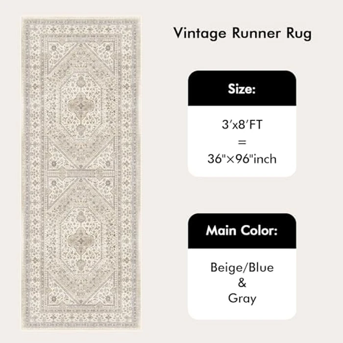 3x8 Runner Rug for Hallway Washable: Non Slip Kitchen Rugs with Rubber Backing Soft Waterproof Mats Stain Resistant Indoor Vintage Carpet Runner for Bedroom Bathroom Laundry Entryway Beige/Gray by Puino - Image 6