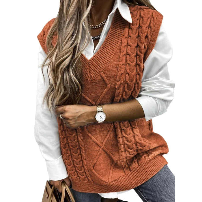 EVALESS Womens Plus Size Sweater Vest V Neck Sleeveless Sweaters for Women Trendy Cable Knit Solid Color Tops Loose Casual Soft Tunics Orange Large by EVALESS - Image 1