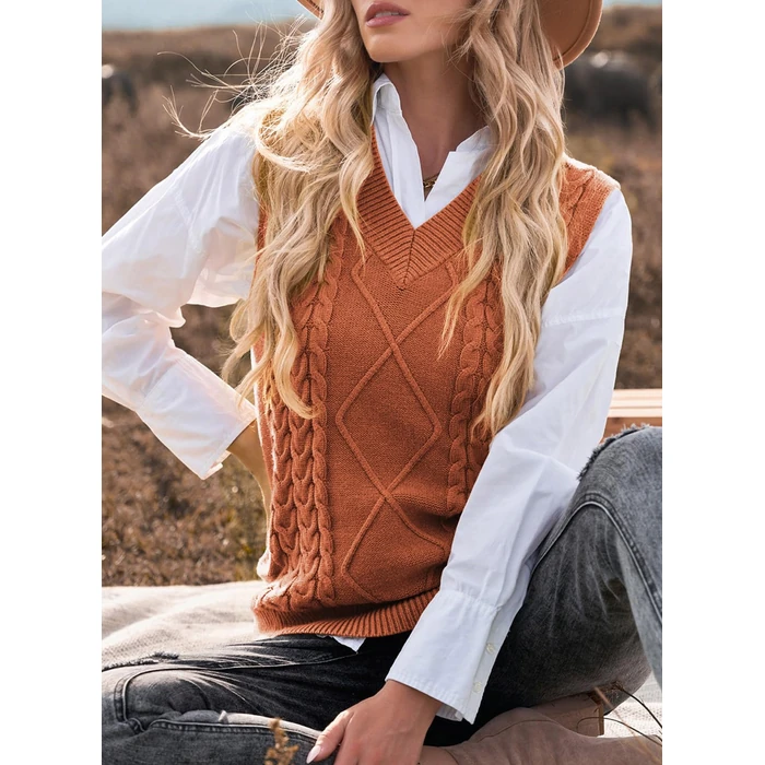 EVALESS Womens Plus Size Sweater Vest V Neck Sleeveless Sweaters for Women Trendy Cable Knit Solid Color Tops Loose Casual Soft Tunics Orange Large by EVALESS - Image 3