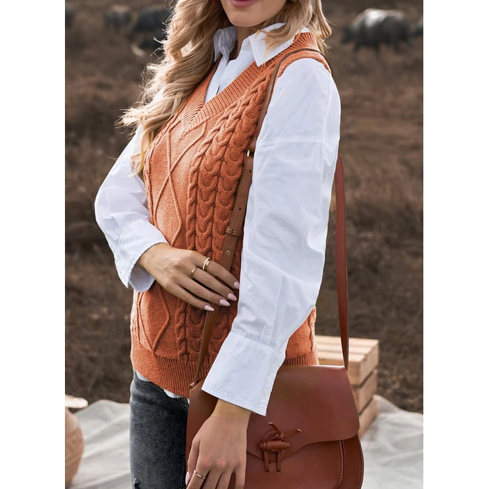 EVALESS Womens Plus Size Sweater Vest V Neck Sleeveless Sweaters for Women Trendy Cable Knit Solid Color Tops Loose Casual Soft Tunics Orange Large by EVALESS - Image 4