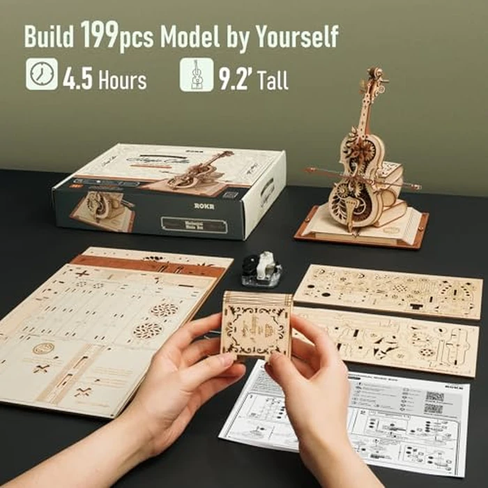 ROKR 3D Puzzles for Adults 1:5 Scale Cello Model Kit with Base 199pcs Wooden Music Box Building Kit Desk Gift for Men Women Hobby for Adults by ROKR - Image 4