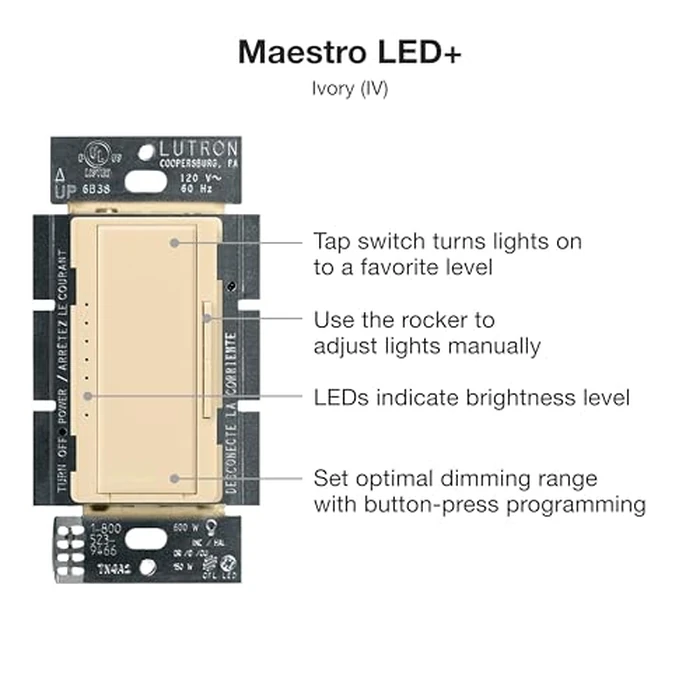 Lutron Maestro LED+ Dimmer Switch for Dimmable LED, Halogen and Incandescent Bulbs, 150W/Single-Pole or Multi-Location, MACL-153M-IV, Ivory by Lutron - Image 2