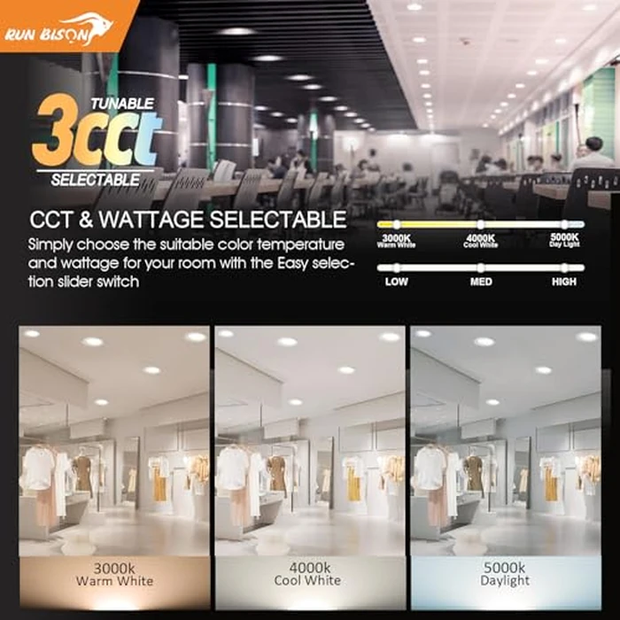 Run Bison 6 inch 120-277V LED Recessed Lighting with J-Box, Wattage Adjustable 12/16/20W,3 Color Selectable 3000K-5000K, 0-10V Dimmable, IC Rated,Canless LED Downlight, UL Listed -1 Pack by Run Bison - Image 7