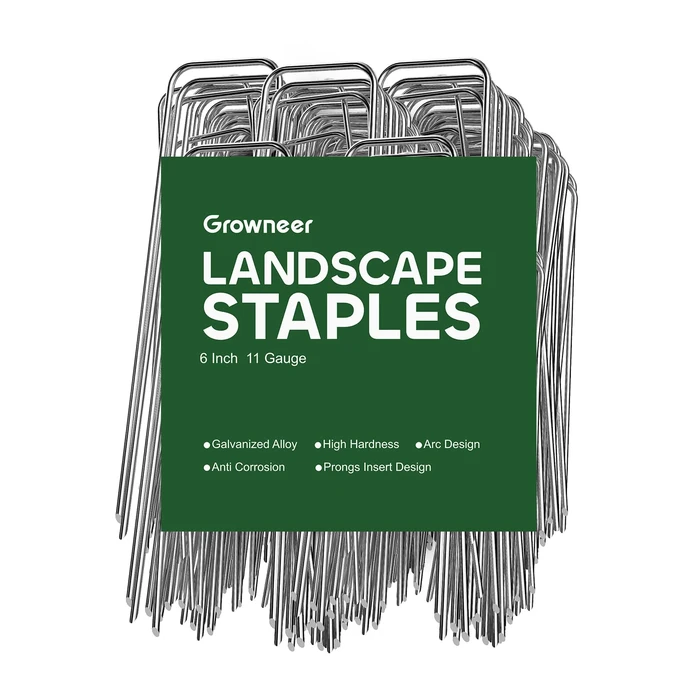 GROWNEER 100 Pack Landscape Staples 6 Inch 11 Gauge Heavy Duty Hot-Dip Galvanized Steel Garden Stakes U-Shaped Weed Barrier Spikes Metal Ground Pins for Lawn and Yard Landscaping by GROWNEER - Used - Like New condition - US$17.09