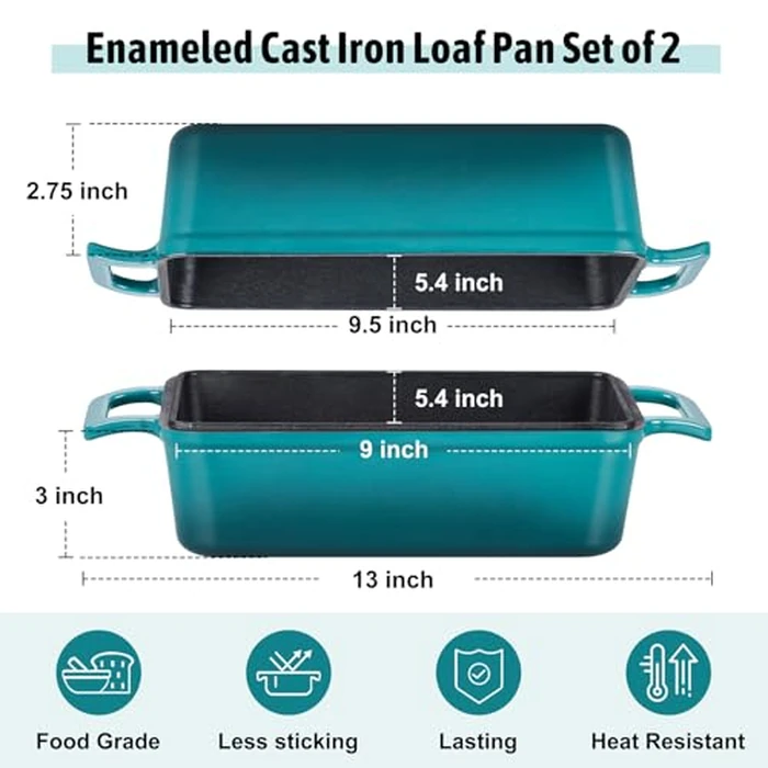 P&P CHEF 2-In-1 9 x 5 Inch Cast Iron Loaf Pan with Lid (Dark Green), Bread Loaf Pans for Baking Homemade Sourdough Bread, Meatloaf, Toast, Cake, Nonstick & Healthy & Sturdy, 2 Piece Set by P&P CHEF - Image 2