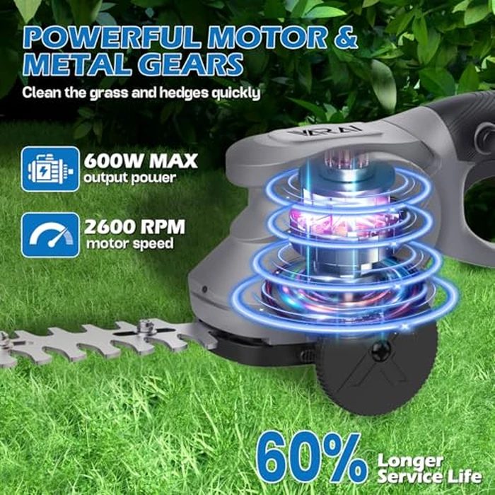 2 in 1 Cordless Hedge Trimmer with 2600mAh Battery*2, High Power and Large Capacity Hedge Shears for Gardens, Patios and Lawns Charger Included by VARAI - Image 4