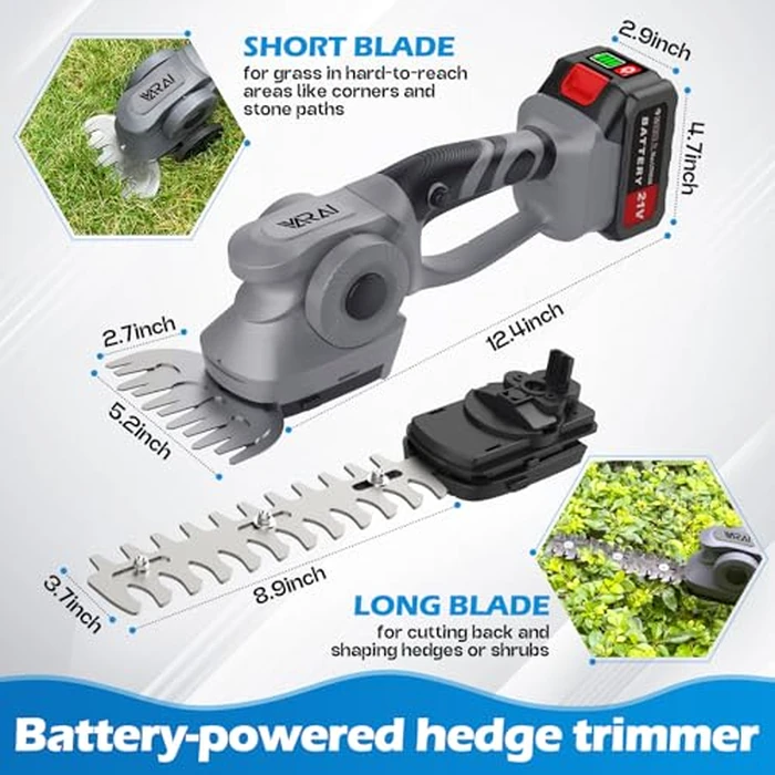 2 in 1 Cordless Hedge Trimmer with 2600mAh Battery*2, High Power and Large Capacity Hedge Shears for Gardens, Patios and Lawns Charger Included by VARAI - Image 5