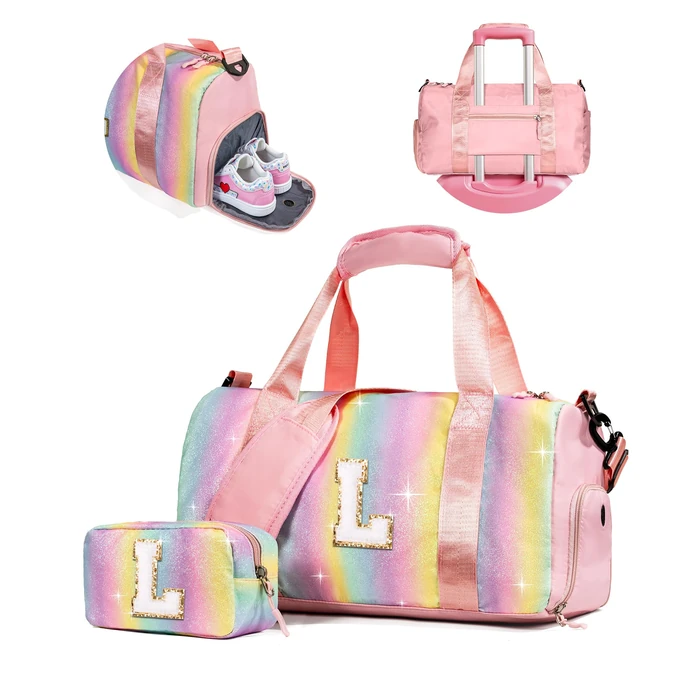 Vogewood Gifts for 4 5 6 7 8 9 10 Year Old Girls-Girl Gym Bag with Shoe Compartment, Kid Weekender Overnight Bags, Initial Travel Tote with Makeup Pouch, Niece Girls Birthday Gift (Letter L) by Vogewood - Image 1