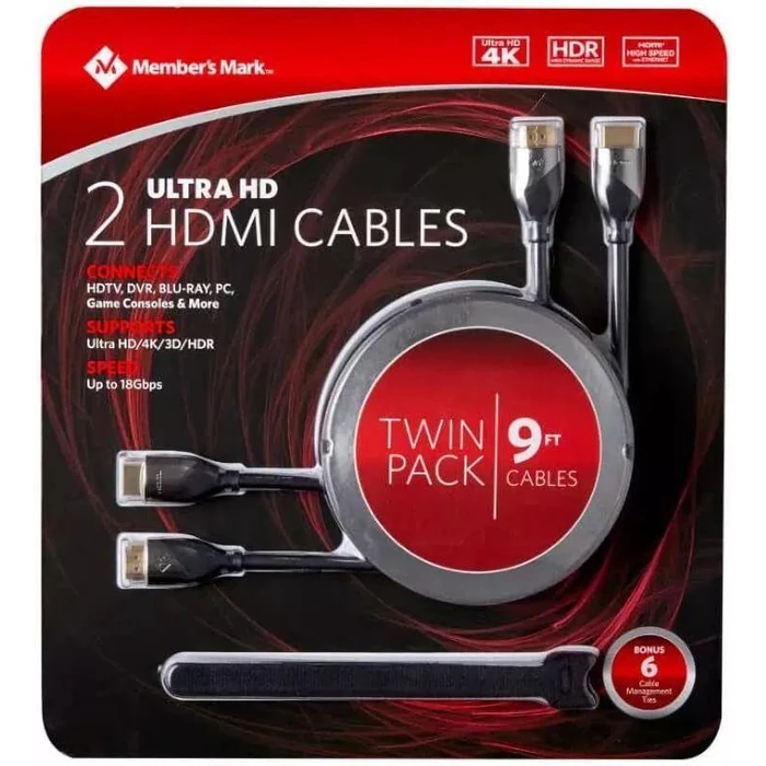 Member's Mark Premium 2 Ultra HD HDMI Cables 9ft - Black by Member's Mark - Refurbished - Excellent condition - US$20.48