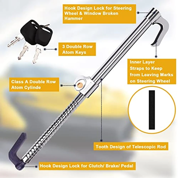 Tevlaphee Universal Steering Wheel Brake Lock Anti-Theft Retractable Double Hook Extended Car Lock Clutch Pedal Lock for Car Truck SUV Van Security with 3 Keys(Extended) by Tevlaphee - Image 5