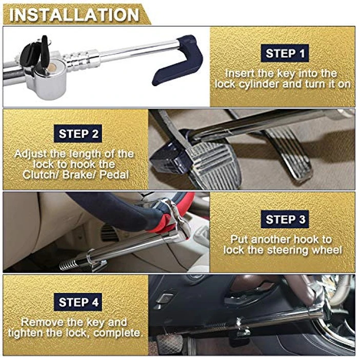 Tevlaphee Universal Steering Wheel Brake Lock Anti-Theft Retractable Double Hook Extended Car Lock Clutch Pedal Lock for Car Truck SUV Van Security with 3 Keys(Extended) by Tevlaphee - Image 6